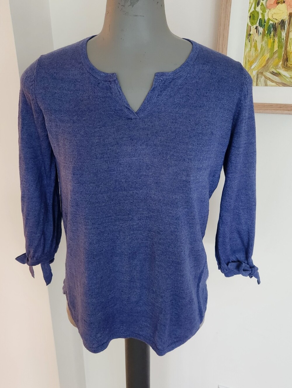 Talbots Periwinkle Split-Neck Tie-Sleeve Knit Top - Picture 2 of 5